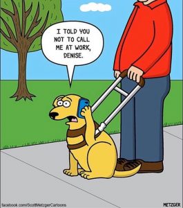 cartoon image of a dog in a harness, speaking on his cell phone