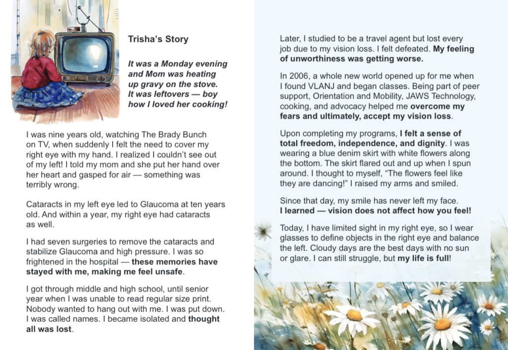 An image of the back side of VLANJ’s annual appeal card is featured. It contains the text outlined above and below in addition to an animation of a child in a red sweater and a blue skirt seated on the floor watching television in the top left corner. To the right, on the bottom, is an image of white daisies.